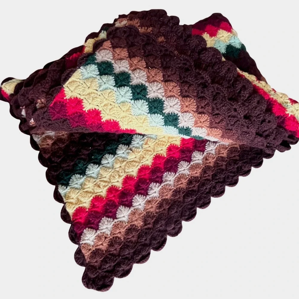 Vtg Handmade Crochet Afghan Throw Blanket Multi Color Striped MCM Colorful 44x67